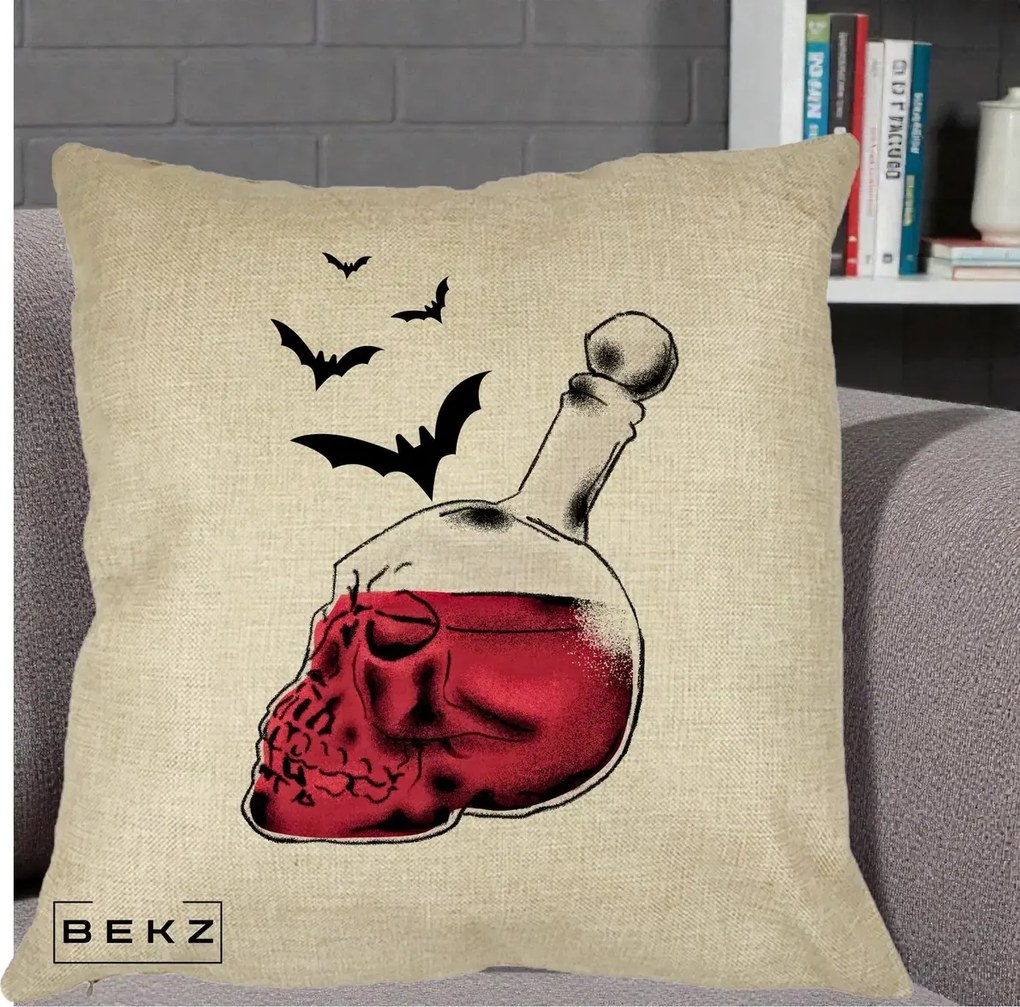 Perna Decorativa Halloween Craniu-Sticla cu Lilieci, 40x40 cm, Crem, Husa Detasabila, Perna Inclusa, BEKZ®