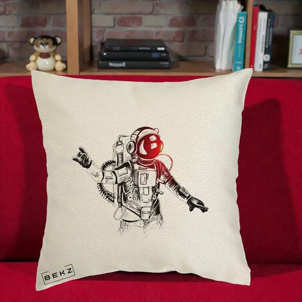 Perna Decorativa Astronaut Rock Sketching, 40x40 cm, Ecru, Husa Detasabila, Perna Inclusa, BEKZ®