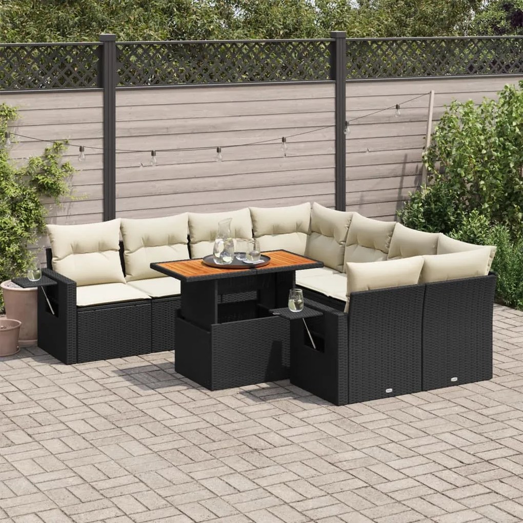 3327129 vidaXL Set mobilier de grădină cu perne, 9 piese, negru, poliratan