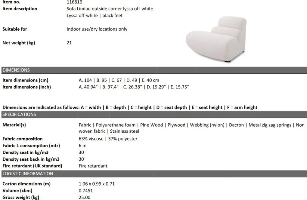 Modul colt exterior, Canapea modulara design LUX Lindau, off-white