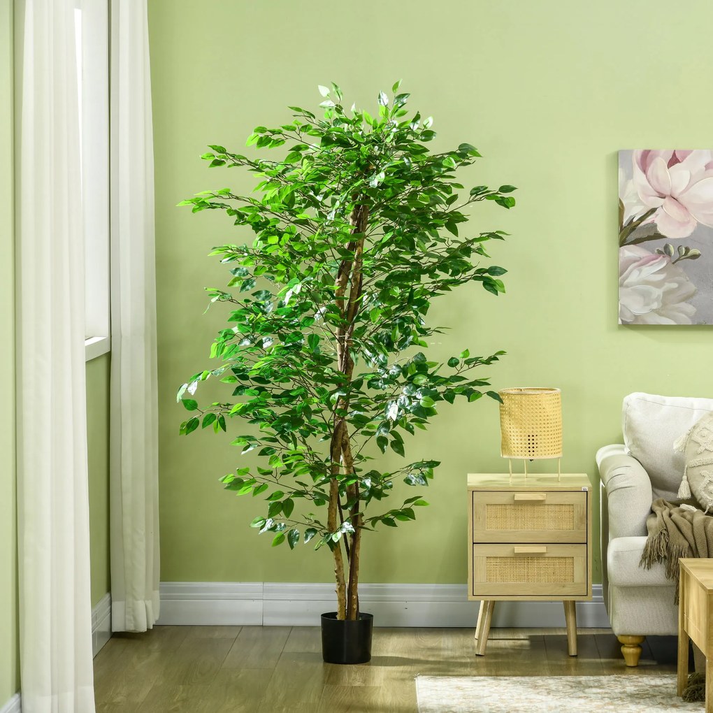 HOMCOM Plantă Artificială de Ficus cu 1260 Frunze, Plantă Artificială cu Ghiveci Inclus, Ø17,5x14,5 cm, Verde | Aosom Romania