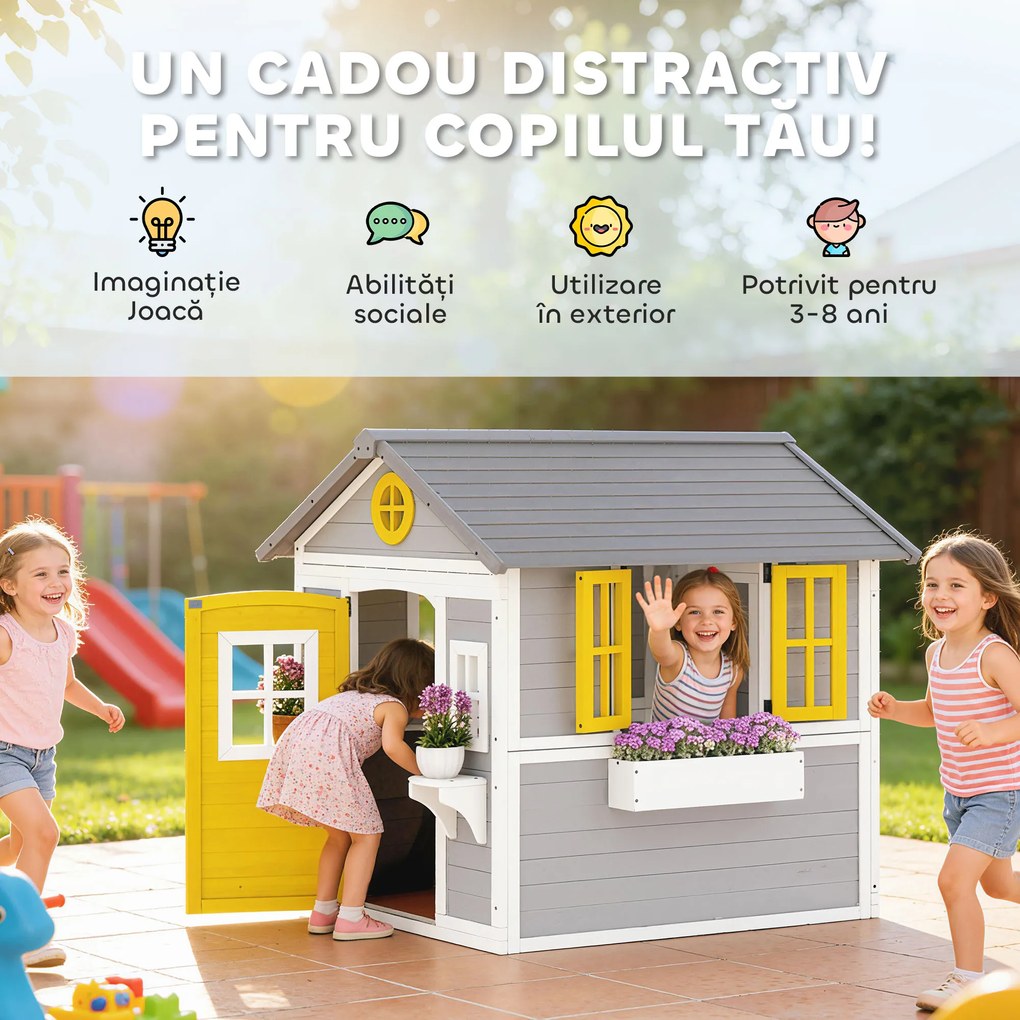 Outsunny Căsuță din Lemn pentru Copii 3-8 Ani, Căsuță de Grădină cu Ferestre, Acoperiș Înclinat, Ghivece și Jardiniere, Gri, Galben, Alb | Aosom Romania