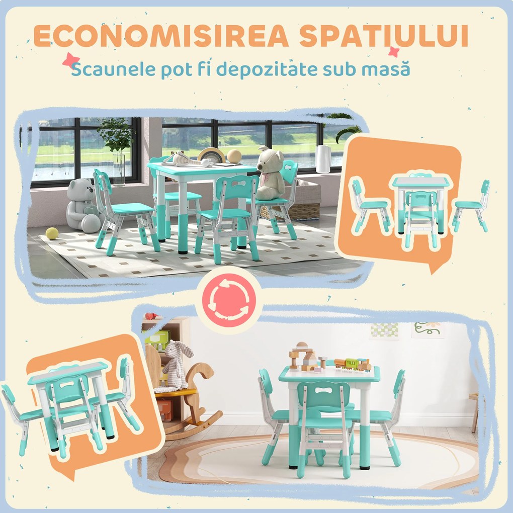 AIYAPLAY Set Măsuță și Scaune pentru Copii 18-60 Luni cu Înălțime Reglabilă și Tablă de Scris, 60x60x46-58 cm, Verde | Aosom Romania
