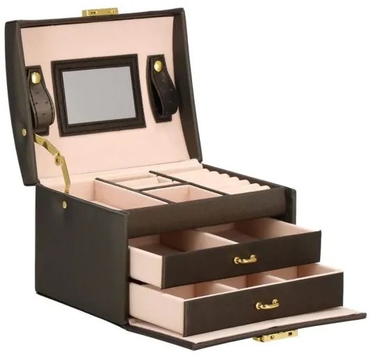 Cutie pentru bijuterii, MDF si piele, maro inchis si roz, cu oglinda, 17.5x14x12.5 cm, Springos