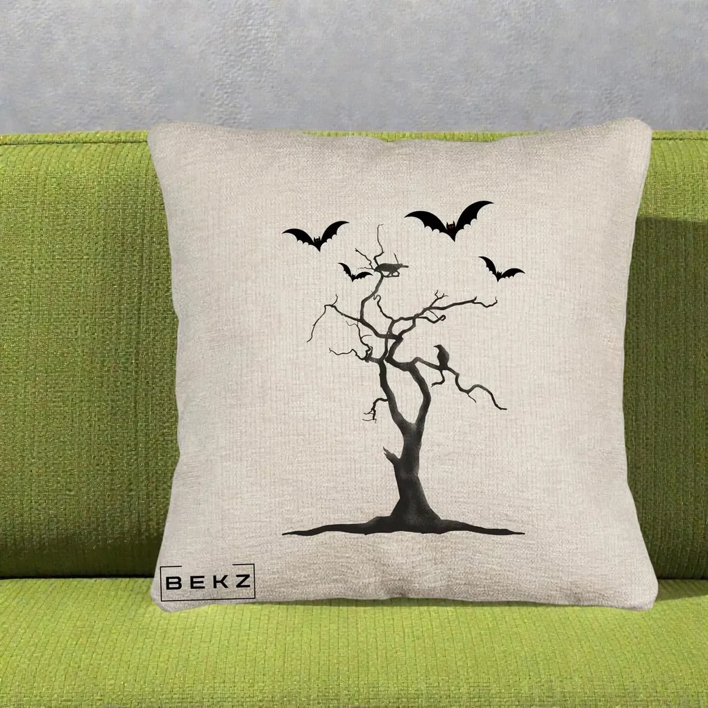 Perna Decorativa Halloween Copac cu Lilieci Alb-Negru, 40x40 cm, Bej Canapea, Husa Detasabila, Perna Inclusa, BEKZ®