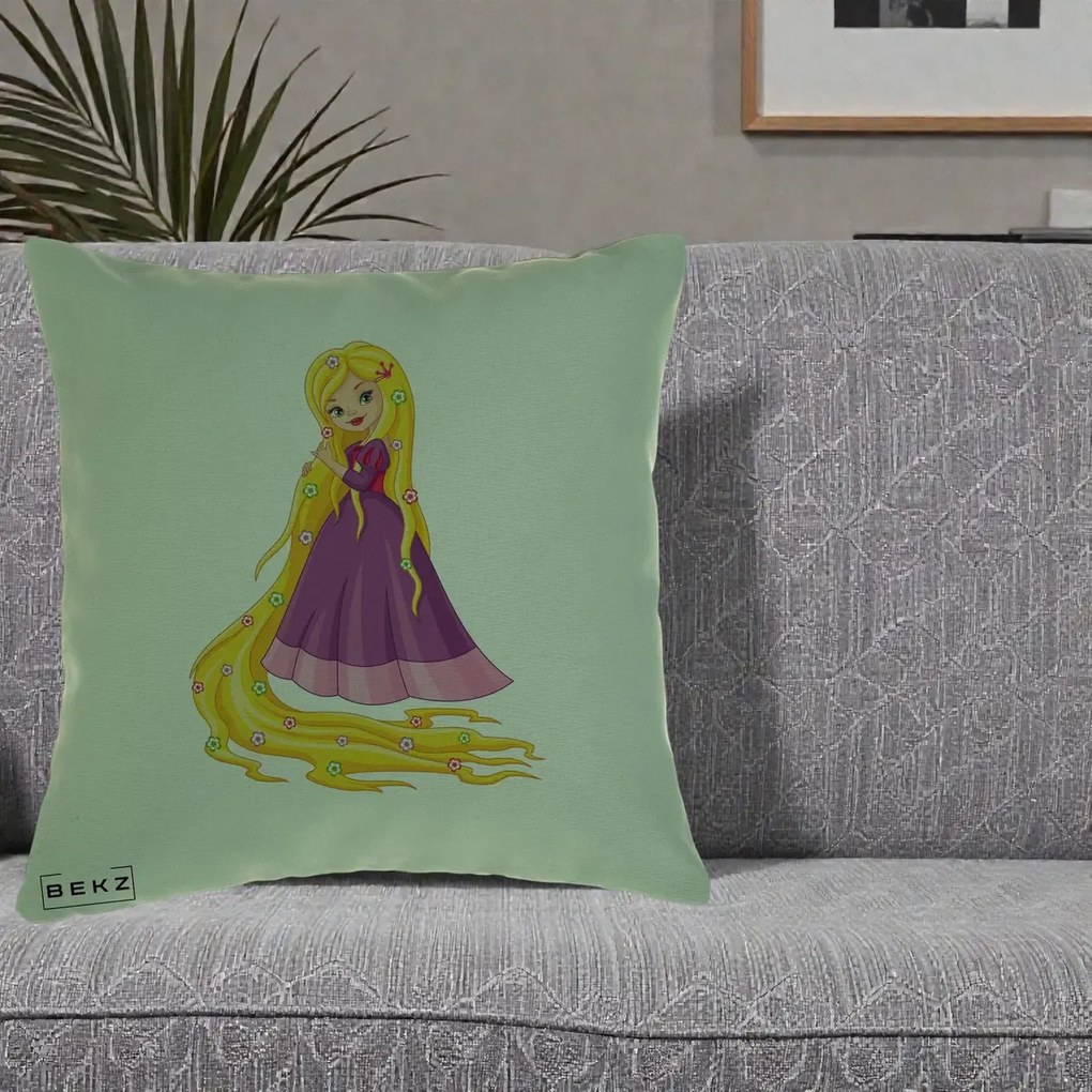 Perna Personalizata Rapunzel Par Lung Floral, 40x40 cm, Verde, Husa Detasabila, Perna Inclusa, BEKZ®