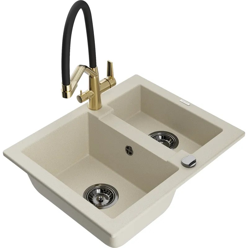 Mexen Carlos chiuvetă de granit cu 1,5 boluri cu robinet de bucătărie Duo, bej - 6518-69-671701-57-B