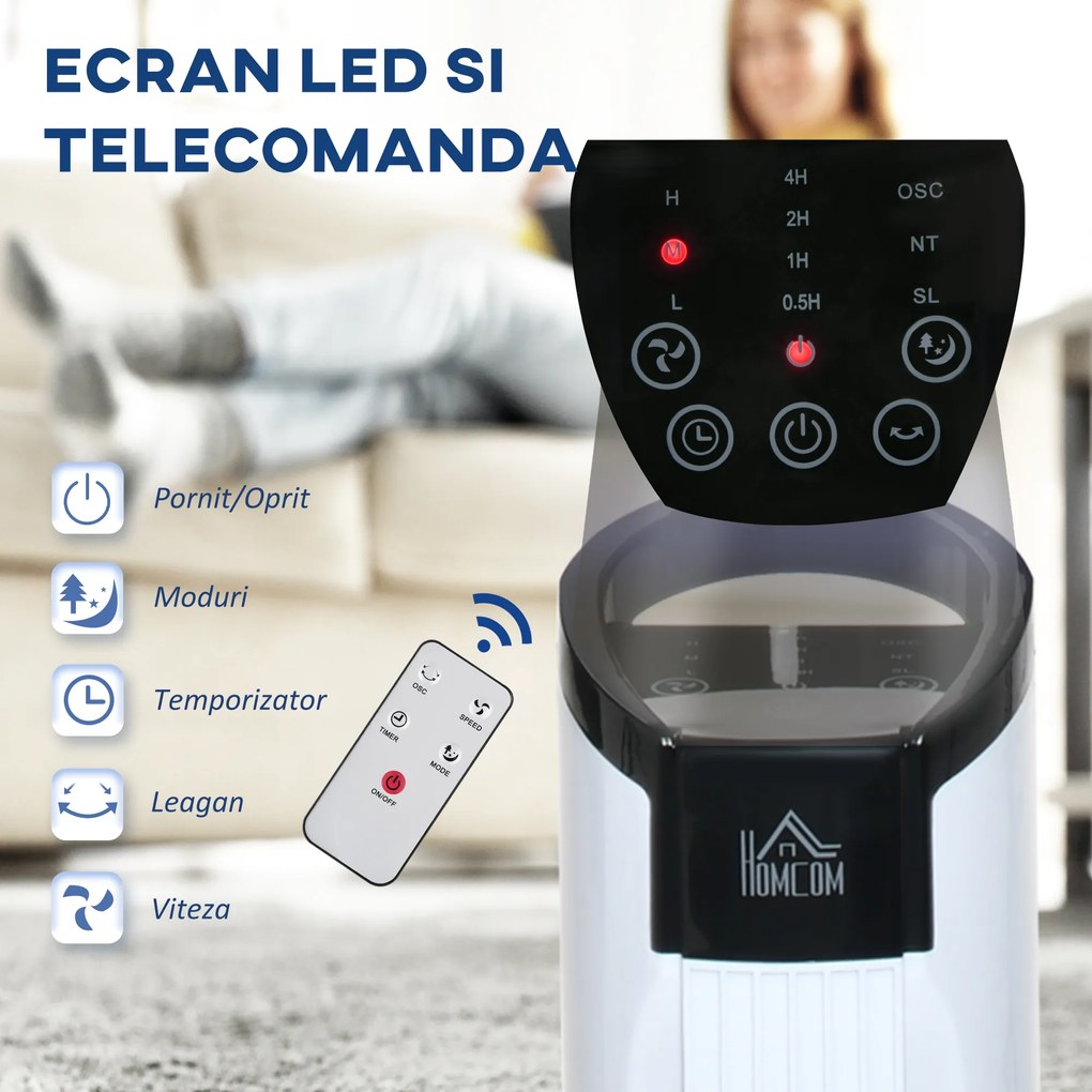 HOMCOM Ventilator tip Coloana Turn cu Telecomanda si Oscilatie, 3 Functii 3 Viteze, Timer 7.5 Ore, Ф20x78.5cm | Aosom Romania