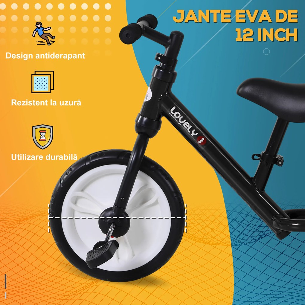 HOMCOM Bicicletă Fără Pedale Copii 2-5 Ani cu Șa Reglabilă, Roți și Pedale Negru | Aosom Romania