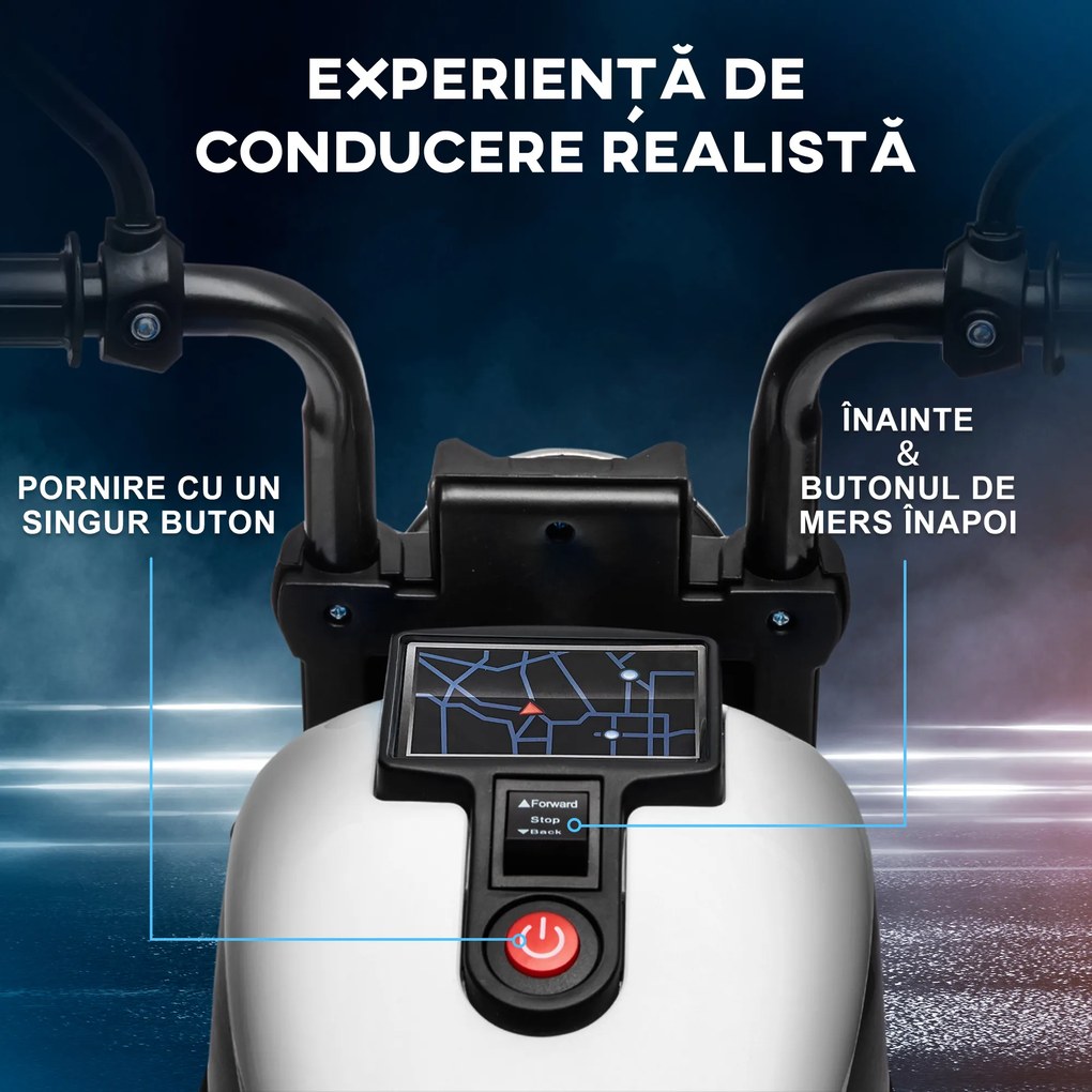 HOMCOM Motocicletă Electrică pentru Copii 18-36 Luni cu Roți Ajutătoare și Far, 76x42x57 cm, Alb și Negru | Aosom Romania
