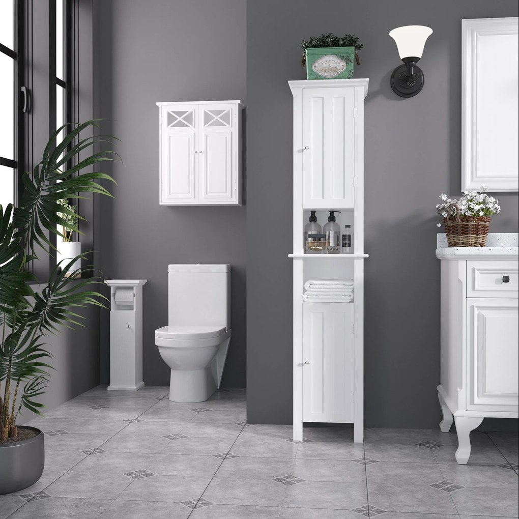 Kleankin Dulap Baie cu Suport Hârtie Igienică MDF 21.5x17.8x66.5cm Alb | Aosom Romania