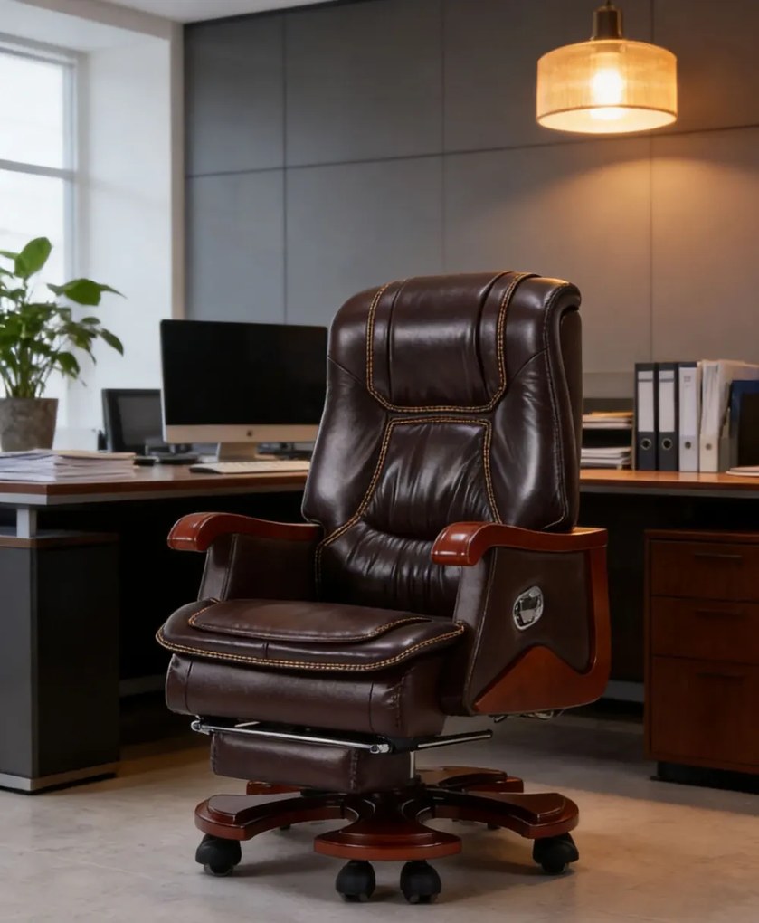 Regal Prestige– Scaun directorial din Piele Naturală si Lemn Masiv, Masaj in 7 puncte, Funcție Încălzire, Înclinare 135°, Suport Picioare Extensibil, Sezut cu Arcuri, Telecomandă, Maro