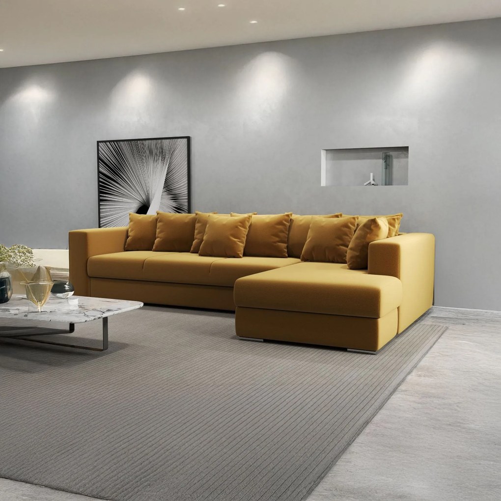 Colțar extensibil dumonde cu ladă de depozitare si sezut confortabil din spuma high-density, Gloria Royal Mustar II 320x183 cm