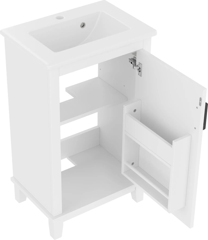 Dulap de baie independent cu lavoar ceramic integrat, rafturi ajustabile, 51x34x83 cm, Alb