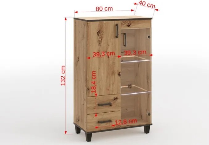 Vitrina cu doua usi si doua sertare, Pola, ADRK Furniture (Inaltime: 132 cm)