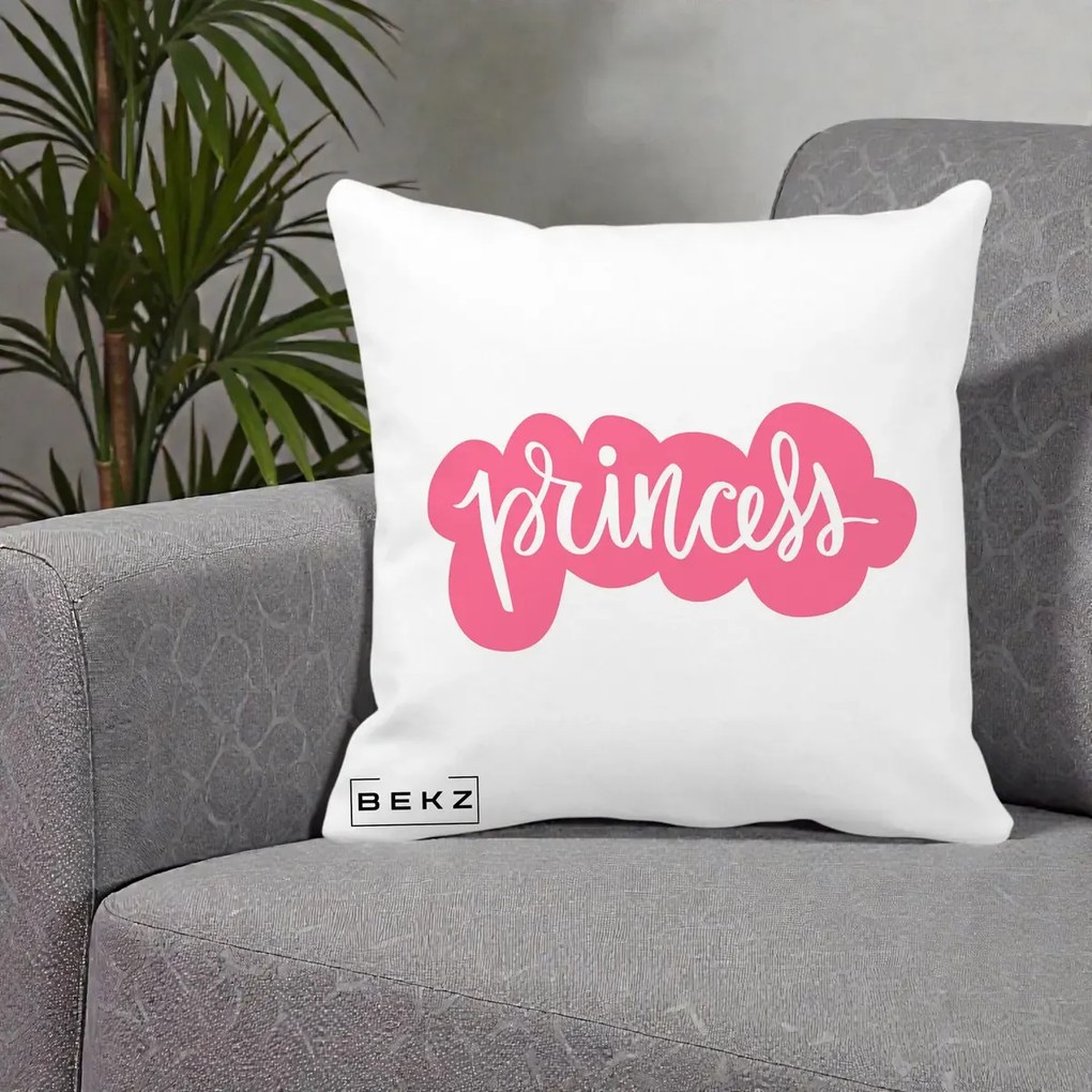 Perna Decorativa Princess Text Roz, 40x40 cm, Alba Mata, Husa Detasabila, Perna Inclusa, BEKZ®