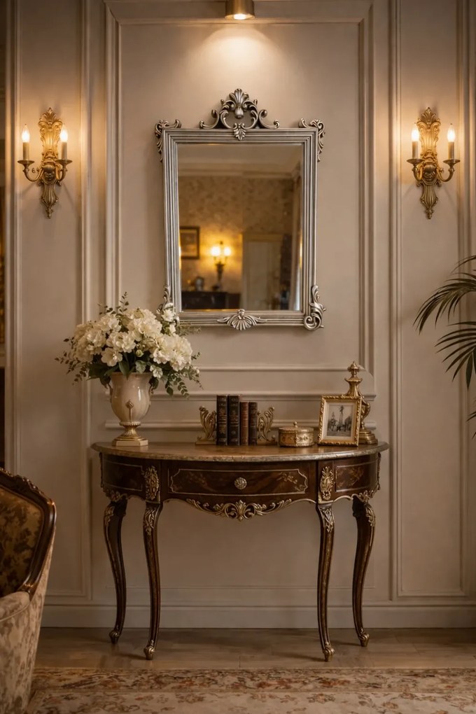 Oglindă decorativă de perete, ramă argintie, 60x90 cm