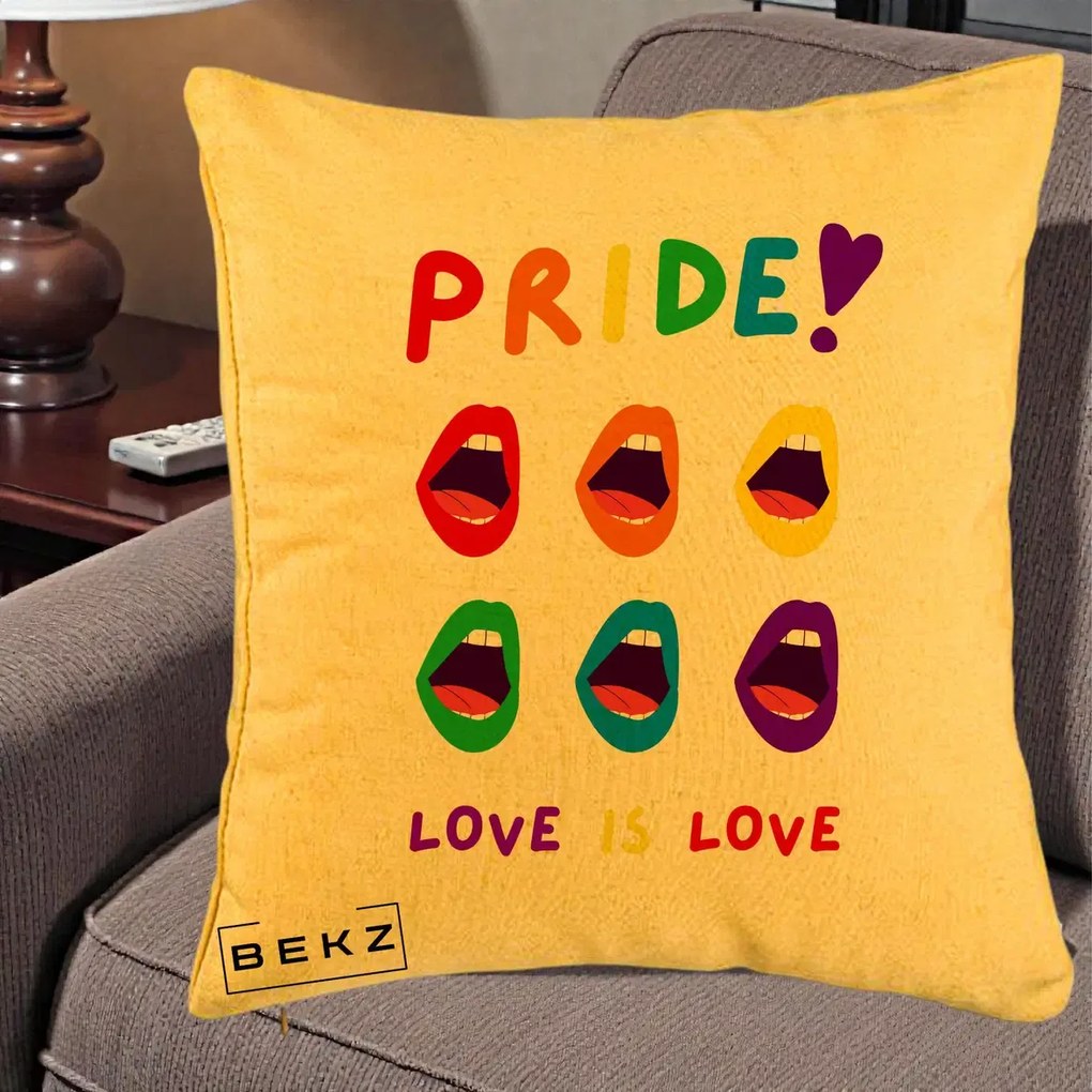 Perna Personalizata Pride Love is Love Curcubeu, 40x40 cm, Galben, Husa Detasabila, Perna Inclusa, BEKZ®