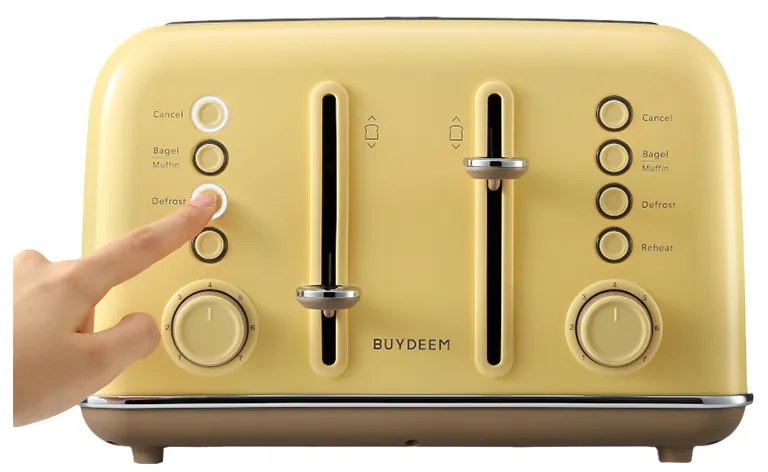 Prajitor de paine BUYDEEM DT640E, 1800W, 4 felii, 7 programe automate, 7 trepte de prajire, Indicatori LED, Tava firimituri, Pop-up inalt, Galben