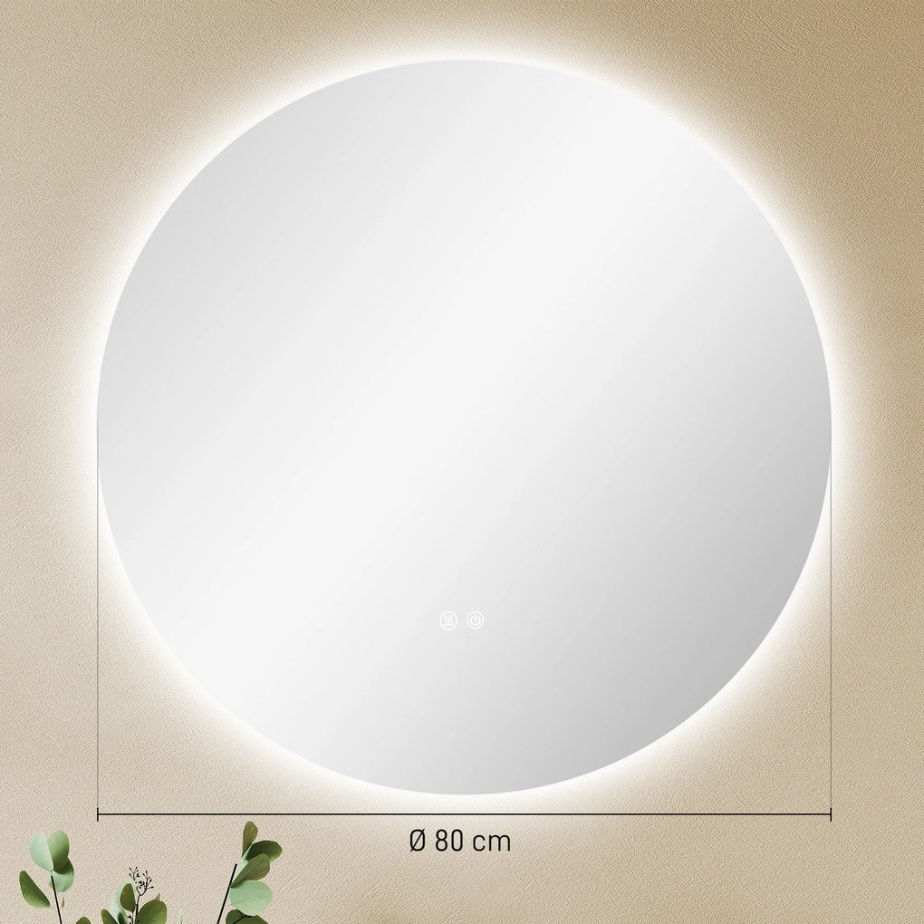 Kleankin Oglinda de Baie Rotunda cu Lumina LED in 3 Culori si intrerupatoare Touch, Ø70x3.5 cm, Transparent | Aosom Romania