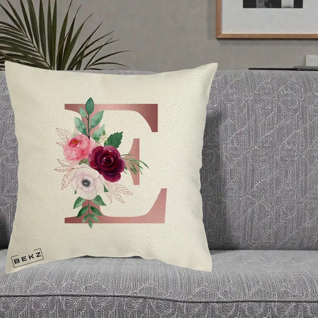 Cadou Personalizat - Perna Personalizata Monograma Rose Gold Litera E, 40x40 cm, Ecru, Husa Detasabila, Perna Inclusa, BEKZ®