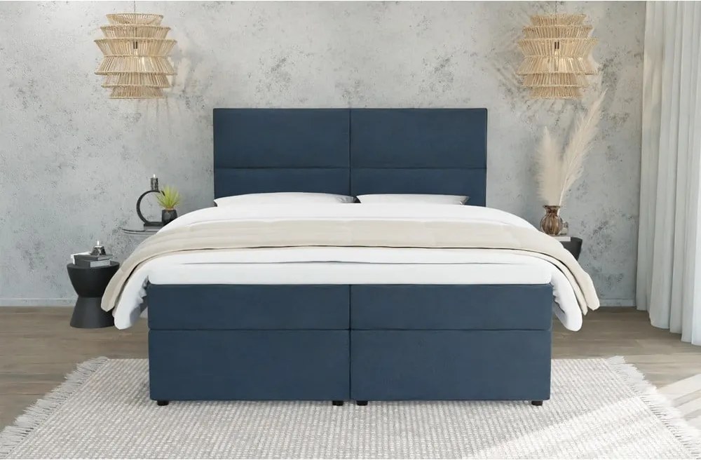 Pat boxspring albastru închis cu spațiu de depozitare 180x200 cm Rico – Ropez