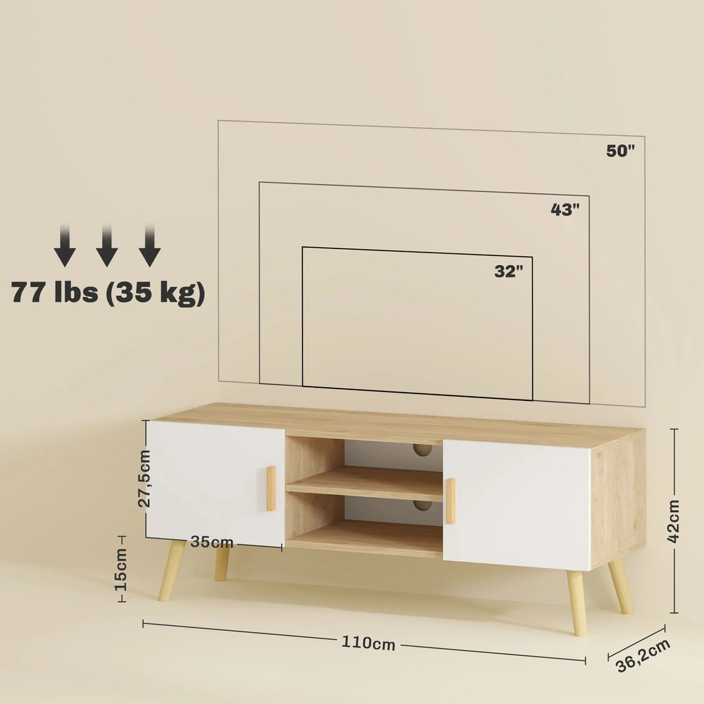 HOMCOM Comodă TV din lemn pentru televizor până la 127 cm cu rafturi, 2 dulapuri și orificii pentru cabluri, stejar | Aosom Romania