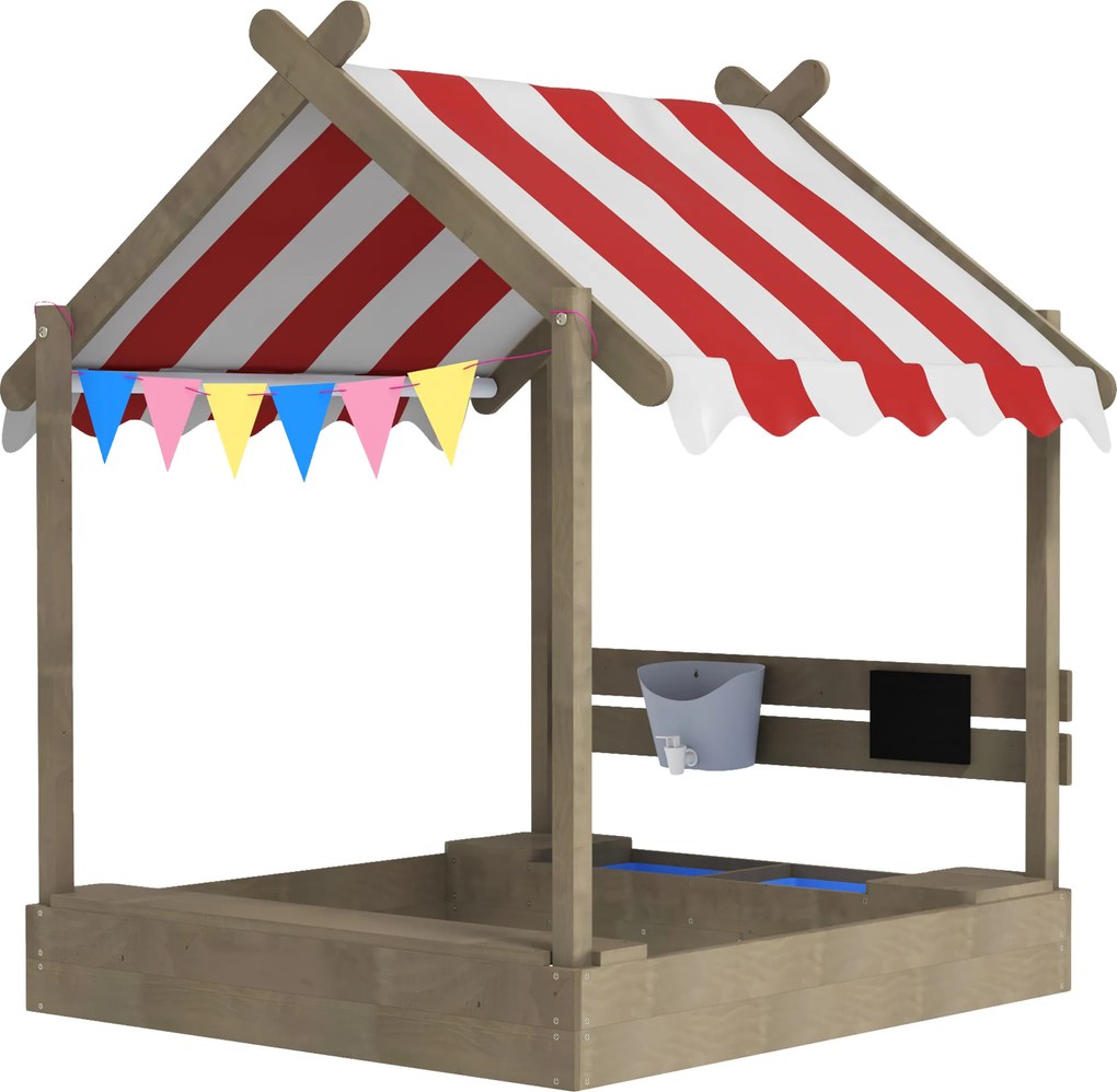 Outsunny Cutie de nisip cu protecție solară, design casă de joacă, cu set de jucării, lemn masiv tratat, 124 x 116 x 146 cm, Gri | Aosom Romania