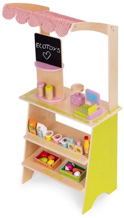 Tarabă din lemn pentru copii - magazin cu legume și fructe