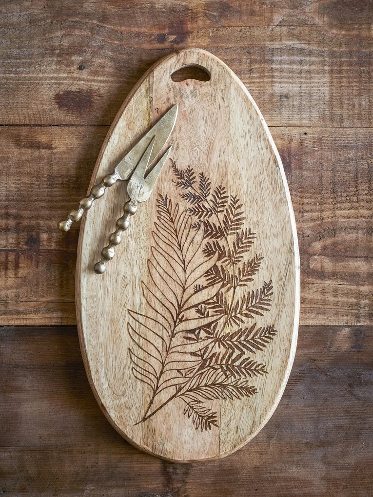 Platou de servire oval din lemn de mango, cu model gravat, natur , 40x21,5x2 cm, „Moya"