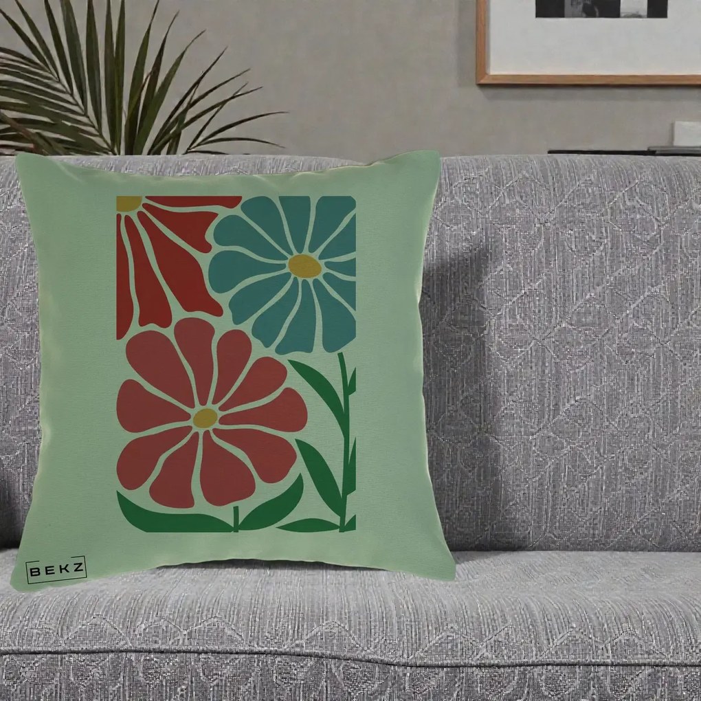 Perna Decorativa Flori Grafice Rosu-Albastru, 40x40 cm, Verde, Husa Detasabila, Perna Inclusa, BEKZ®