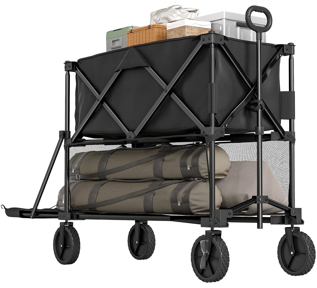 Outsunny Cărucior de grădină pliabil 350L cărucior de transport cu 2 etaje încărcare maximă 200 kg cu roți pentru teren accidentat negru | Aosom Romania