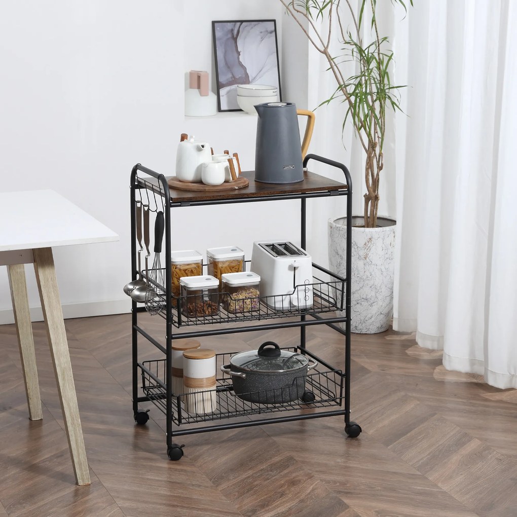 HOMCOM Cărucior Auxiliar cu Roți de 3 Nivele Cărucior de Bucătărie cu 2 Coșuri și 4 Cârlige 60x38x85,5 cm Maro Rustic | Aosom Romania