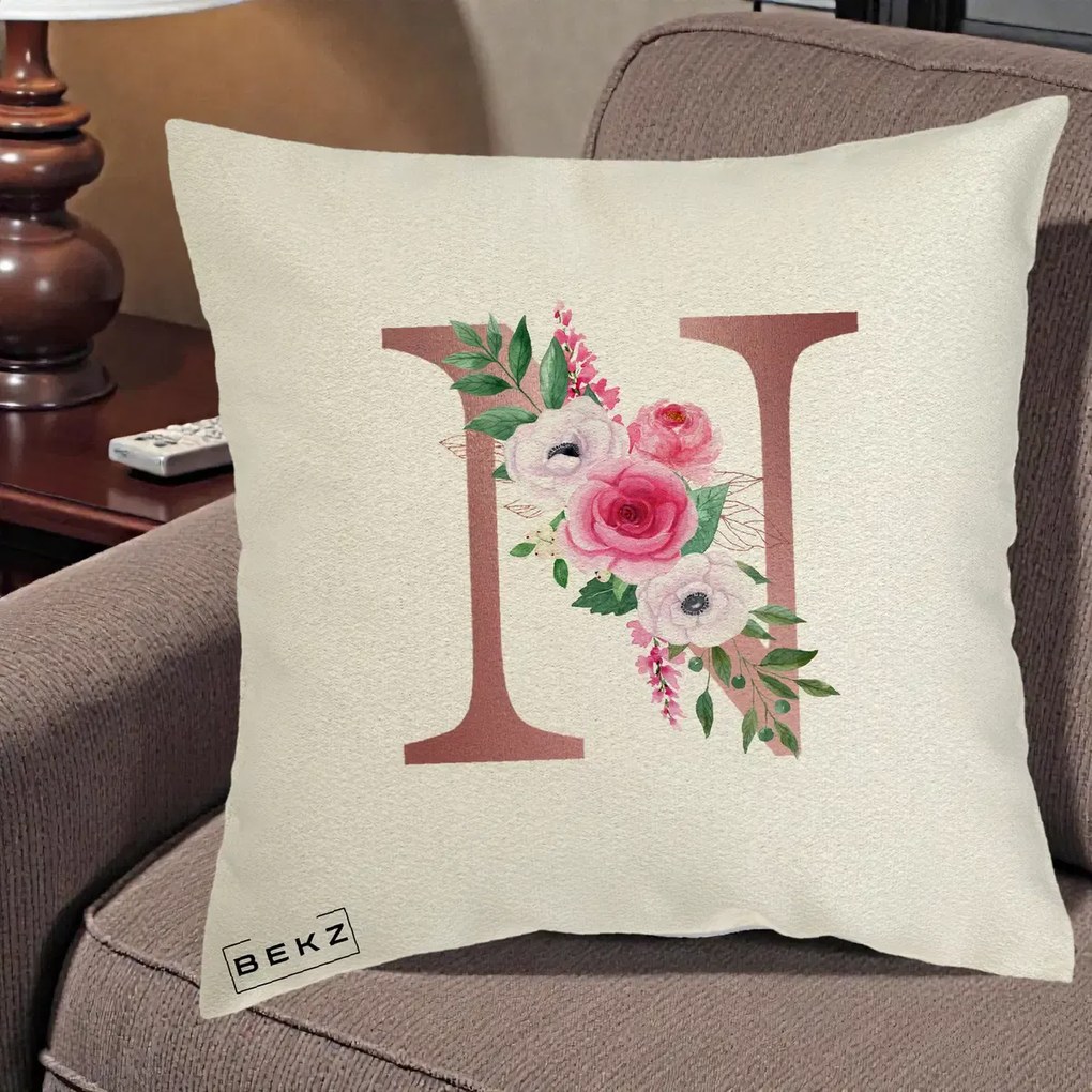 Cadou Personalizat - Perna Personalizata Monograma Rose Gold Litera N, 40x40 cm, Ecru, Husa Detasabila, Perna Inclusa, BEKZ®