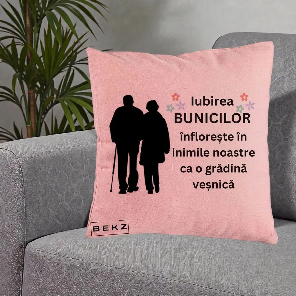 Cadou pentru Bunici - Perna Personalizata Bunicii Iubirea Infloreste Silueta Neagra Flori, 40x40 cm, Roz, Husa Detasabila, Perna Inclusa, BEKZ®