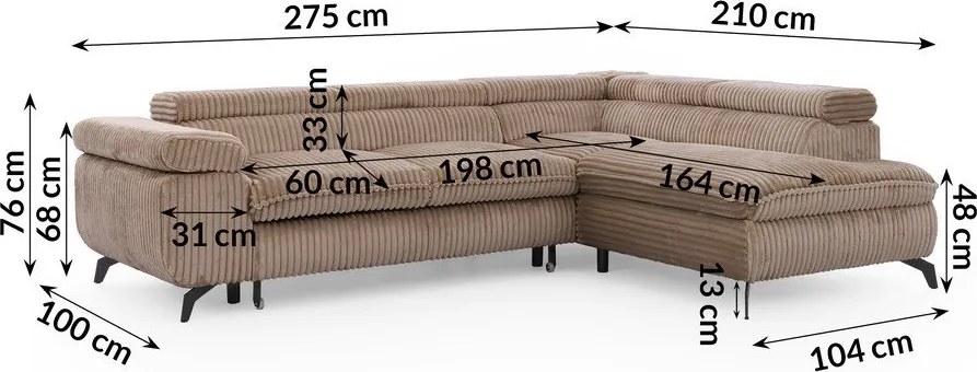 Colțar maro cu tapițerie din catifea reiată (cu colț pe partea dreaptă/în formă de ”L”) Marbeya – Ropez