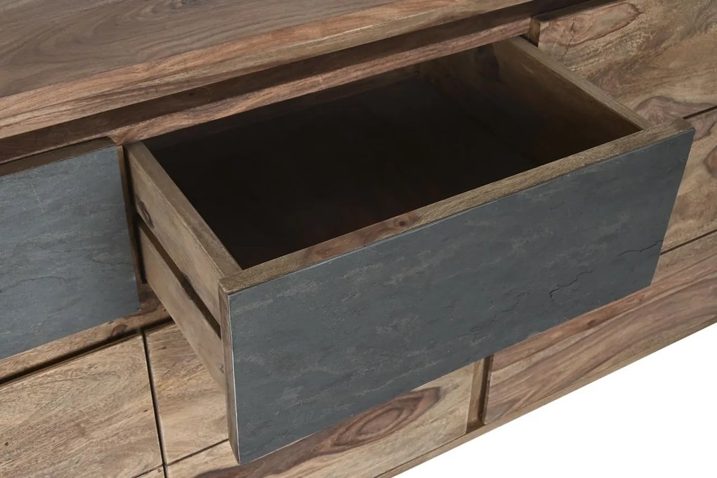 Bufet TV în stil alpin, din lemn masiv, natur, cu 4 uși și 2 sertare gri, 72 x 175 x 45 cm, „Candé”