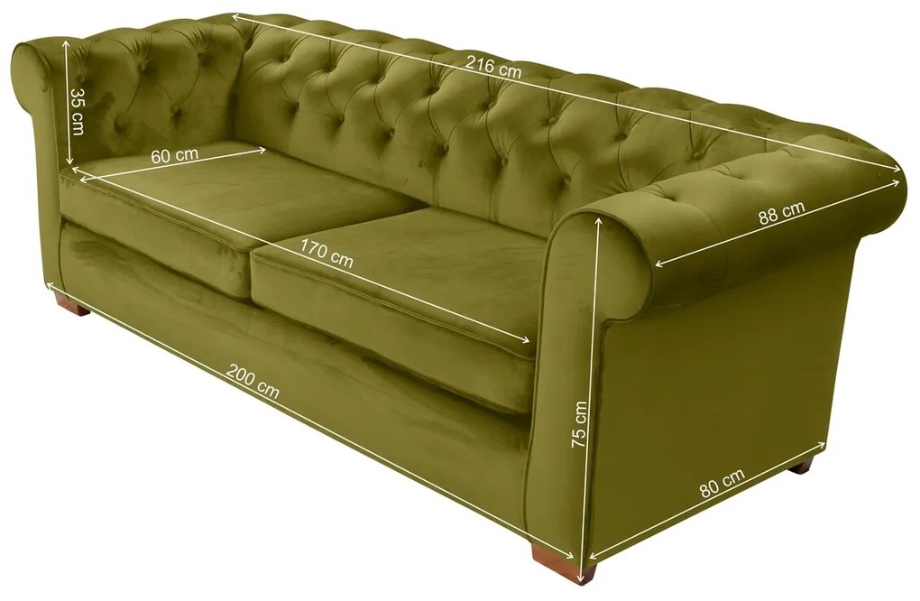 Canapea extensibila Oxford Chesterfield, 88x216x75 cm, 3 locuri, Olive