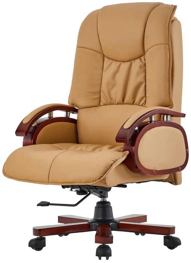 Scaun directorial din lemn masiv, piele PU Premium, Maro