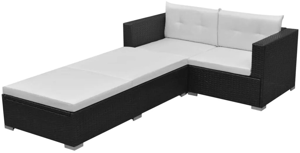 vidaXL Set mobilier de grădină cu perne, 3 piese, negru, poliratan
