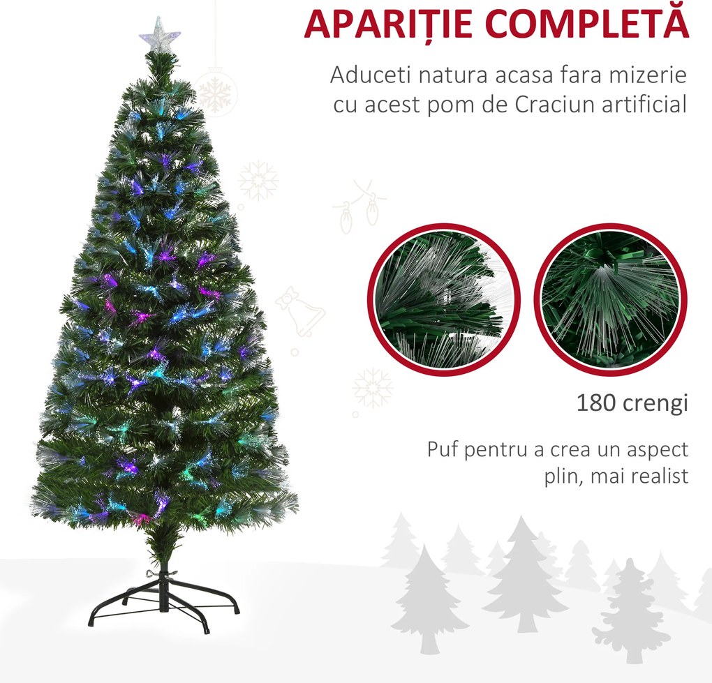 Brad de Craciun artificial 150cm, decoratiuni cu ace argintii si fructe de padure rosii, brad verde HOMCOM | Aosom RO