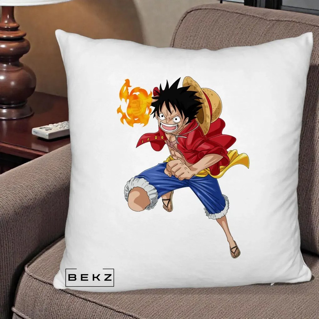 Perna Personalizata One Piece Luffy Gear Second Foc, 40x40 cm, Alb Pufos, Husa Detasabila, Perna Inclusa, BEKZ®