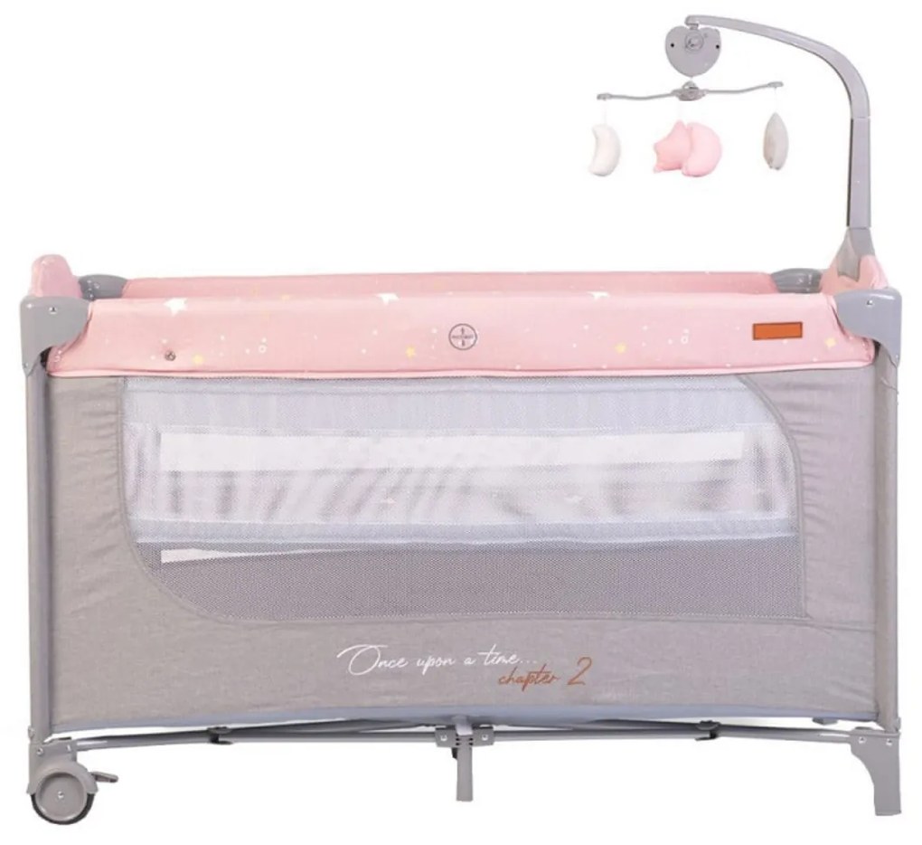 Patut pliant transformabil in tarc copii NOVOKIDS™ Onceuponatime NEST, 62X125 cm, 2 Niveluri, Jucarie Carusel muzical, Fermoar acces lateral, Roz cu