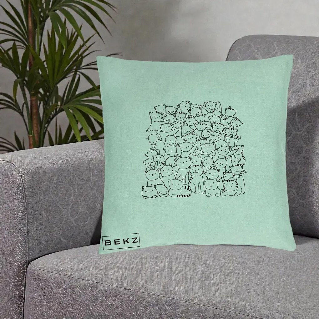 Perna Personalizata Many Cats Pattern Alb-Negru, 40x40 cm, Verde Menta, Husa Detasabila, Perna Inclusa, BEKZ®