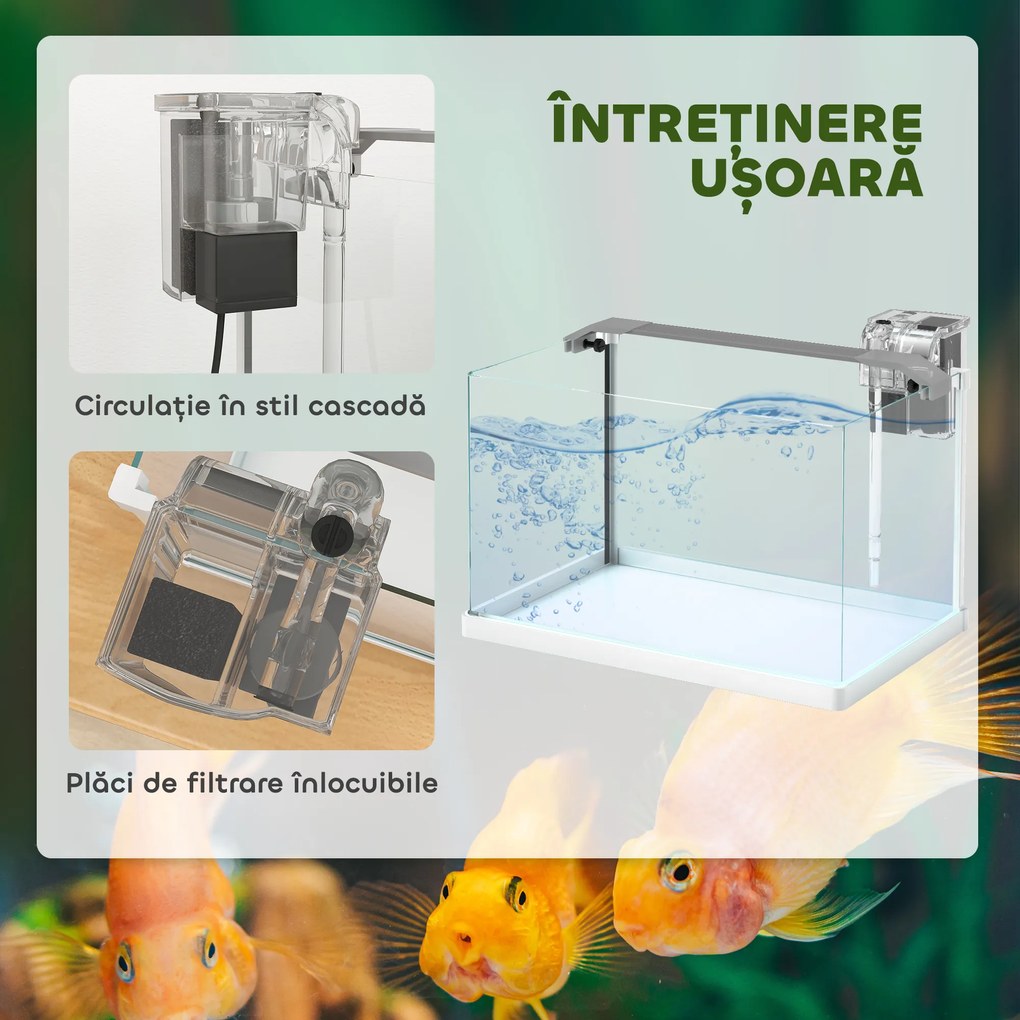 PawHut Acvariu pentru Pești Roșii din Sticlă cu Lumini LED cu Filtru și Pompă de Apă, 38x26x27 cm, Alb | Aosom Romania