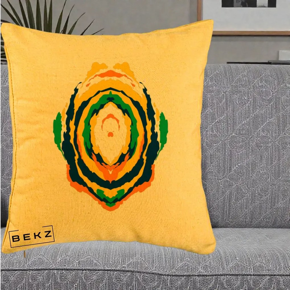 Perna Decorativa Oval Abstract Multicolor, 40x40 cm, Galben, Husa Detasabila, Perna Inclusa, BEKZ®