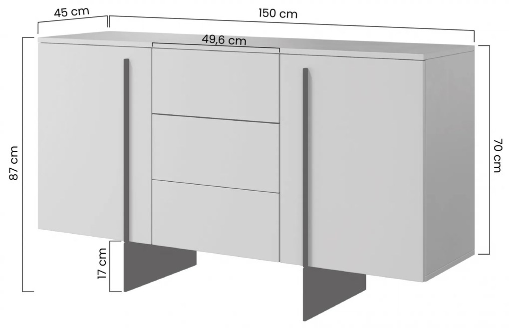 Comodă Larena 150 cm cu trei sertare - stejar biscuit/ picioare negre