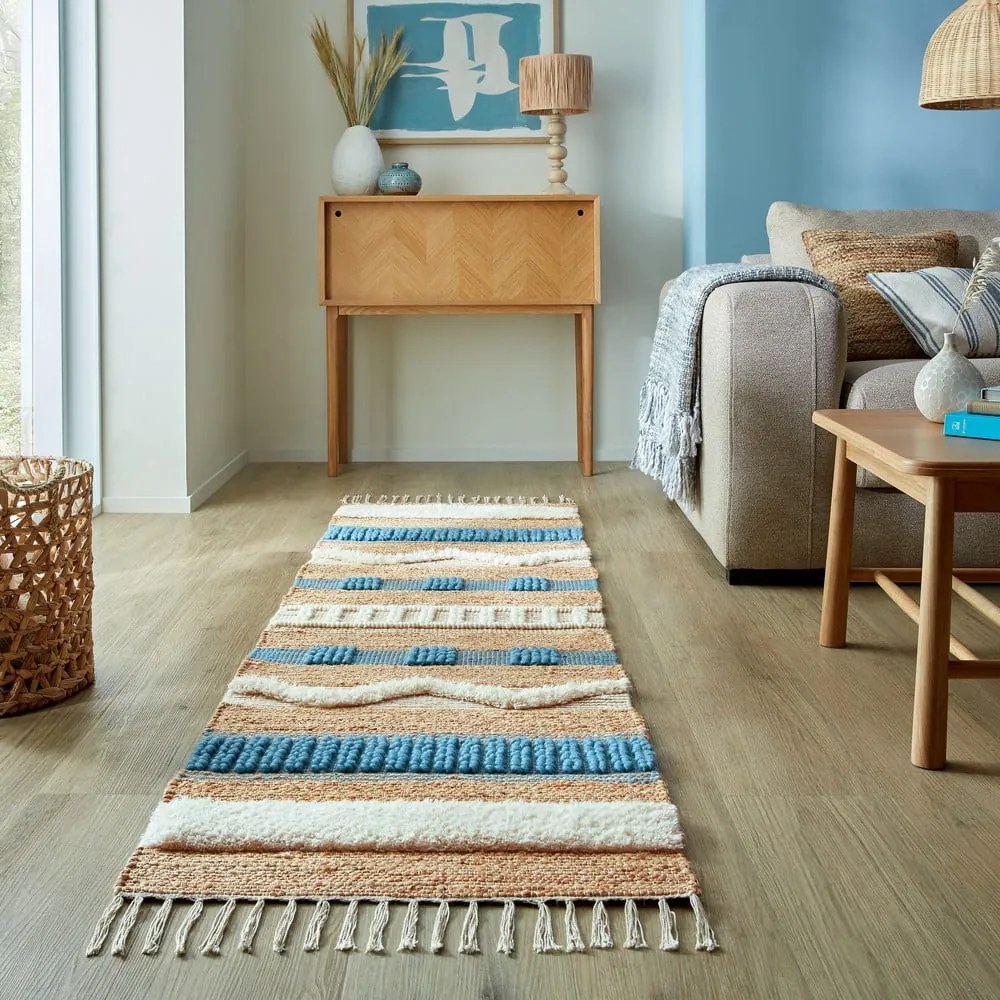 Covor tip traversă albastru/în culoare naturală țesut manual din amestec de iută 60x230 cm Medina Jute – Flair Rugs