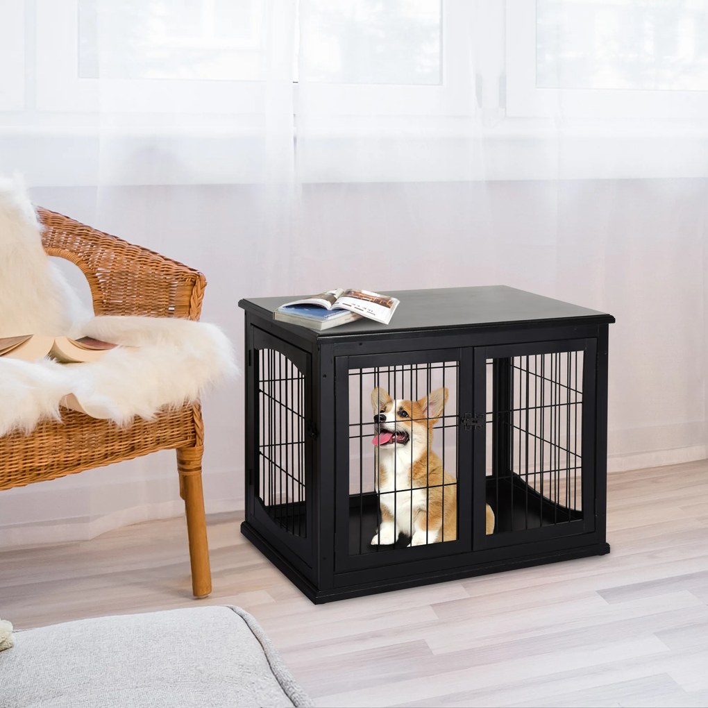 PawHut Cușcă pentru câine animale cușcă din MDF clasa E1 3 uși cu siguranță max. 30 Kg dim. 81L x 58l x 66Î cm negru | Aosom Romania