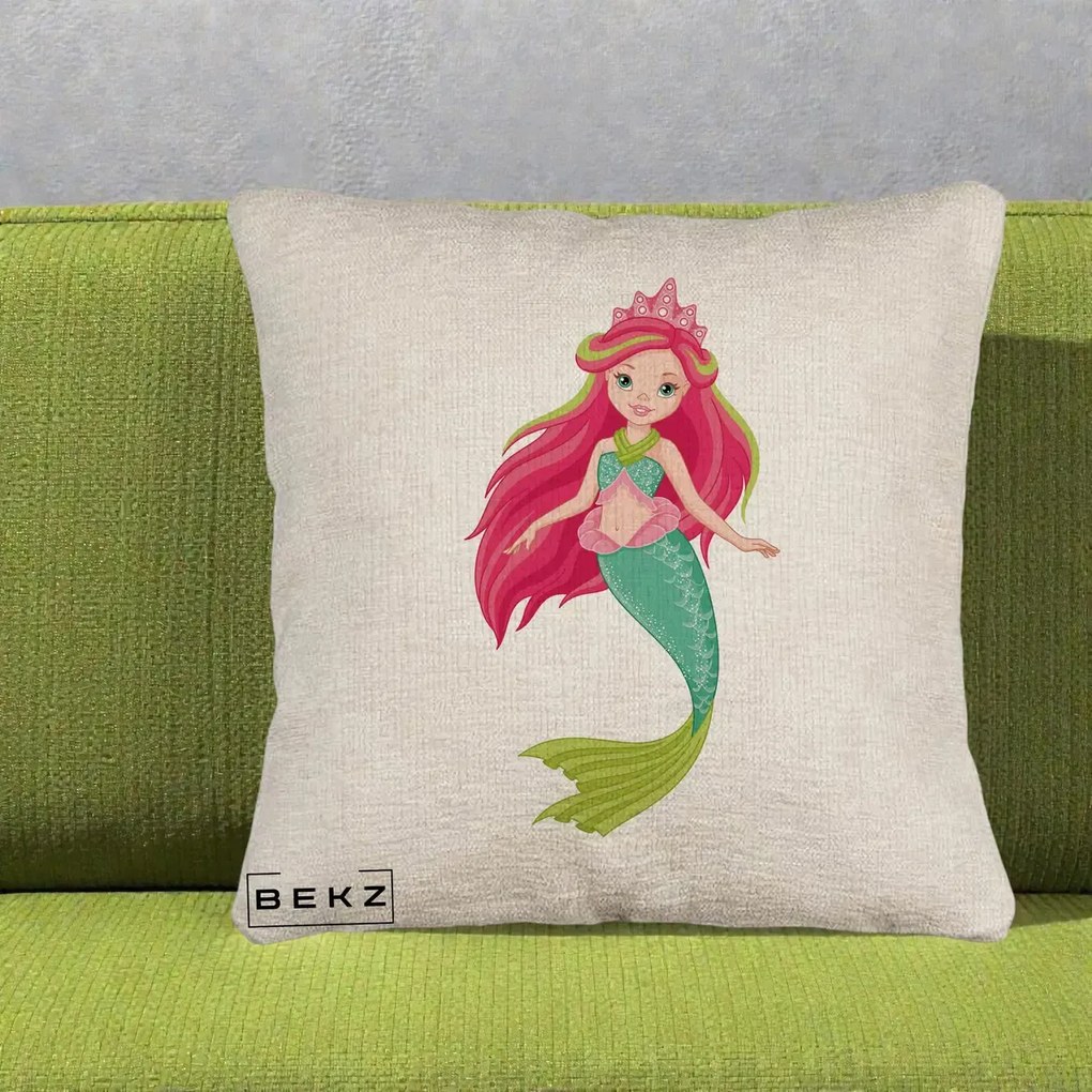 Perna Decorativa Sirena Roz cu Coroana, 40x40 cm, Bej Canapea, Husa Detasabila, Perna Inclusa, BEKZ®
